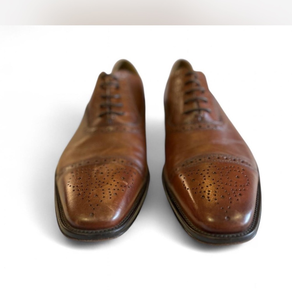 Men's Oxford Leather Dress Shoe Size 9.5 Lace Up Sterza Cap Toe Tan/Brown - Picture 2 of 8